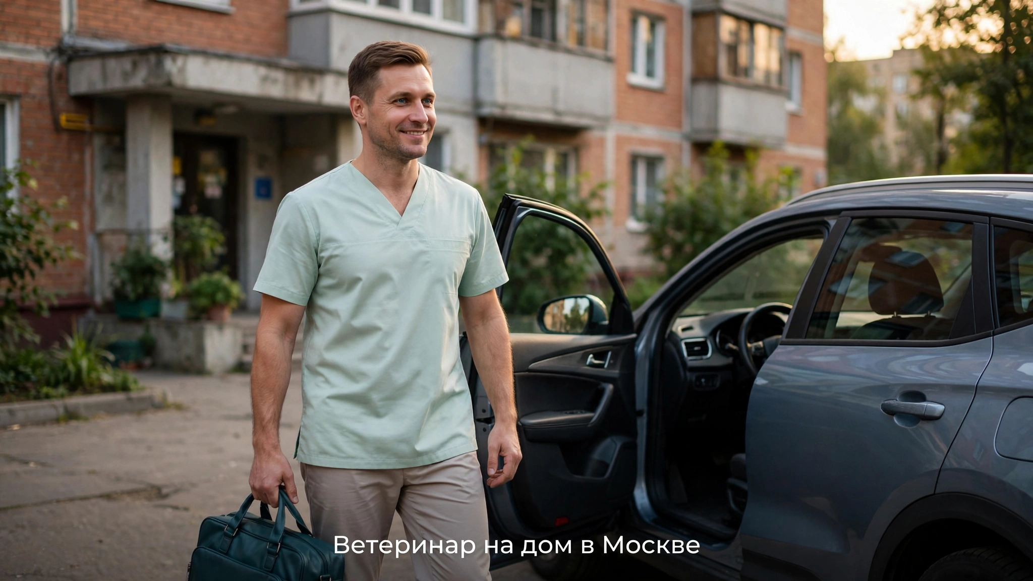 Ветеринар выездной службы ЛизикВет у подъезда жилого дома в Москве с медицинским бакетом