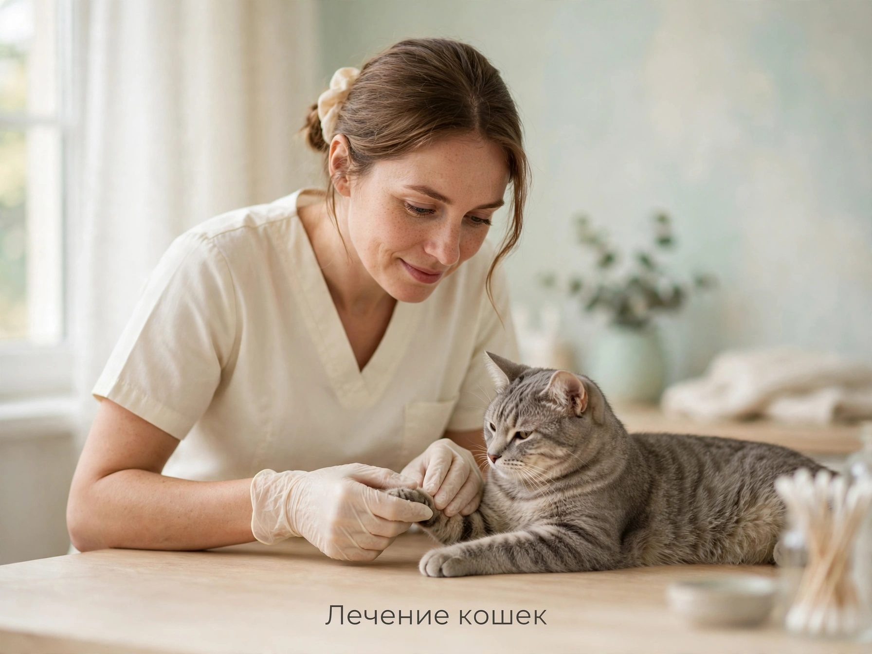 Ветеринар нежно осматривает кота на столе дома