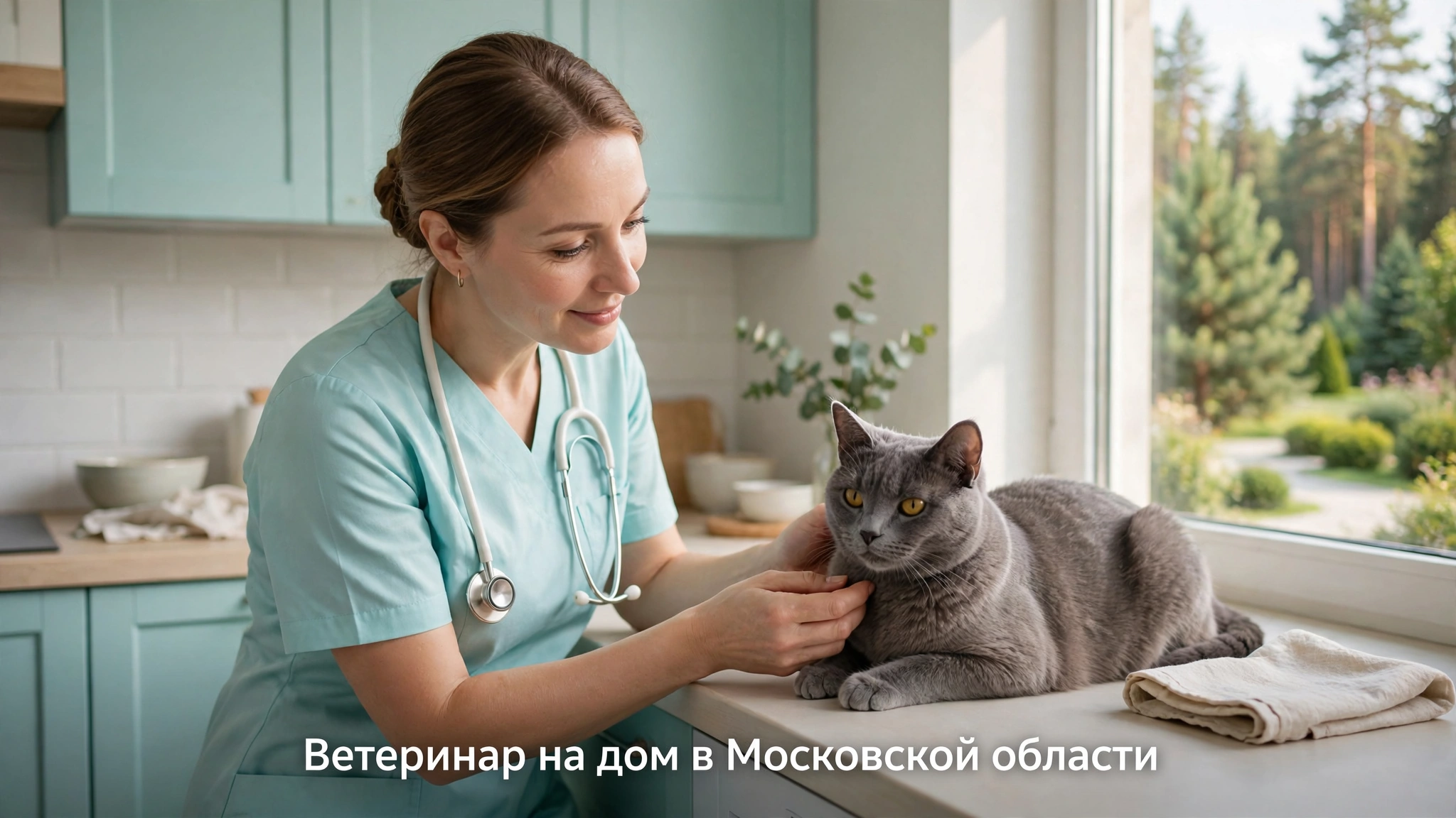 Ветеринар выездной службы ЛизикВет осматривает кошку на кухне частного дома в Московской области